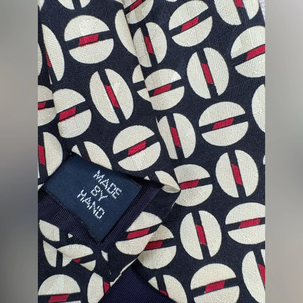 Polo Ralph Lauren silk necktie‎ USA navy blue cream red geometric Preppy classic